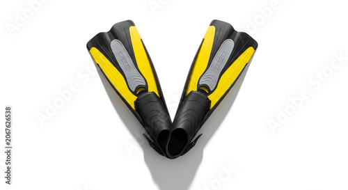Pair of yellow and black diving fins isolated on white background