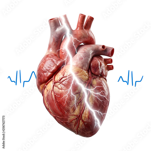 Anatomical human heart with lightning bolt and heartbeat line, cardiac arrest and heart attack concept, medical illustration on white background