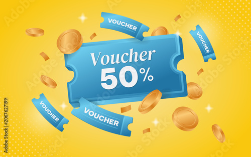 Voucher coupon discount with coins illustration with yellow background