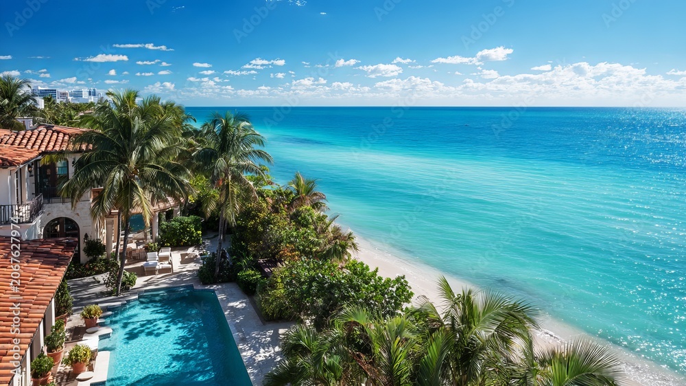 Fototapeta premium Luxury oceanfront villa featuring a sparkling swimming pool surrounded by lush tropical palm trees overlooking a bright turquoise Caribbean sea