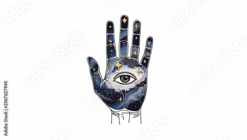 白背景に宇宙柄の手と掌の目を描いた神秘的なシンボル