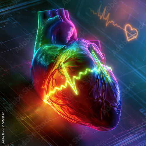 Colorful anatomical human heart with ECG heartbeat rhythm line glowing neon visualization on digital circuit board background
