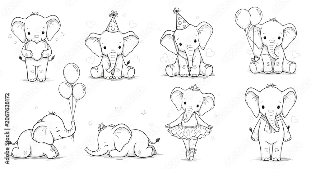 Fototapeta premium Collection of adorable baby elephant sketches shows animals in various playful poses including dancing, sleeping, and holding hearts.