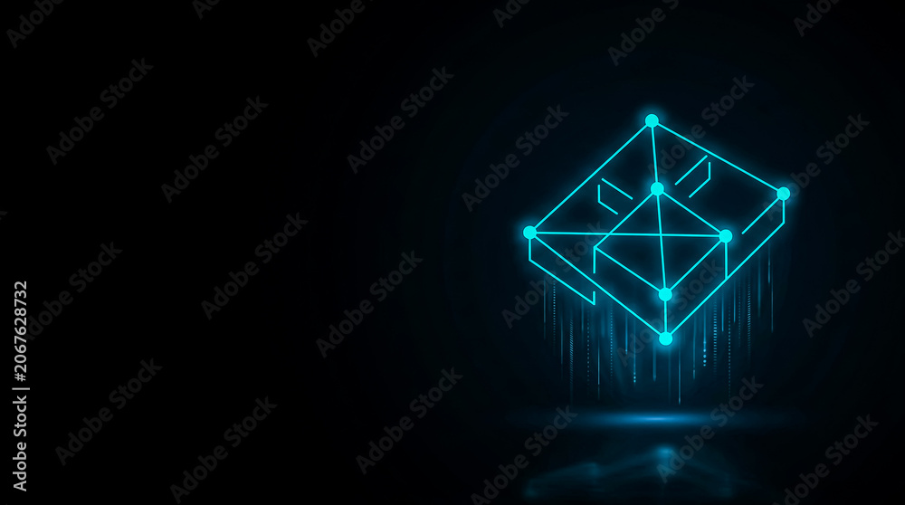 Fototapeta premium A sleek, glowing 3D geometric cube with interconnected lines and nodes, representing digital connectivity and data flow in a image style.