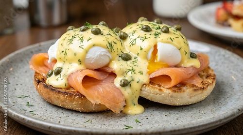 Delicious Eggs Benedict with Smoked Salmon and Capers on Toasted English Muffins.