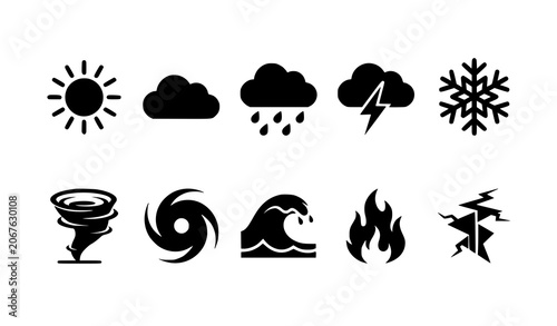 Weather and Natural Disaster Black Silhouette Icons Set with Storm Flood and Earthquake Symbols