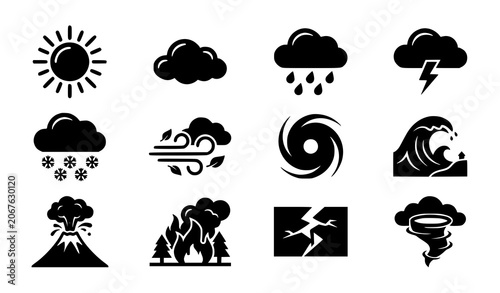 Natural Disaster and Weather Condition Silhouette Icons Vector Collection