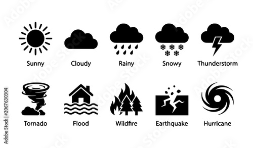 Black Silhouette Weather and Disaster Icons with Hurricane Tornado and Flood Symbols