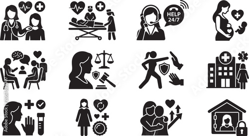 Healthcare And Legal Support Icons Flat Silhouette Style