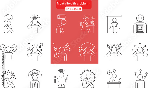 Mental health problems, disorders and conditions icon set.