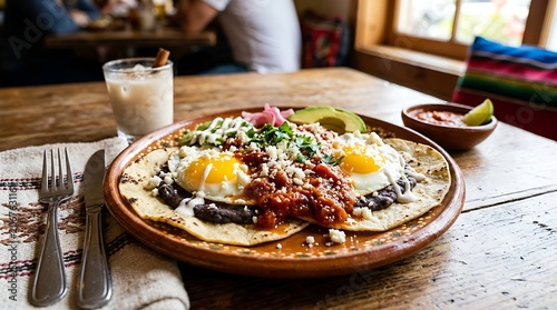 Delicious Mexican Breakfast Huevos Rancheros with Fried Eggs and Beans.