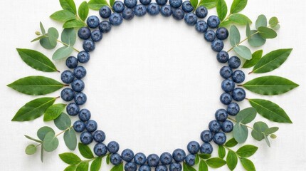 Fresh blueberries and green leaves arranged in a circular frame on white background