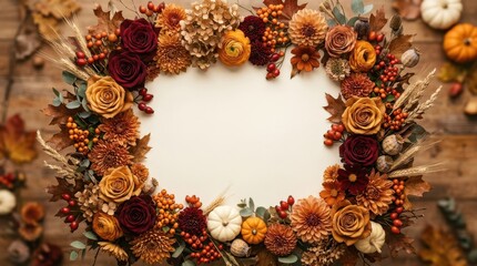Autumn floral arrangement with pumpkins and fall leaves framing a blank space