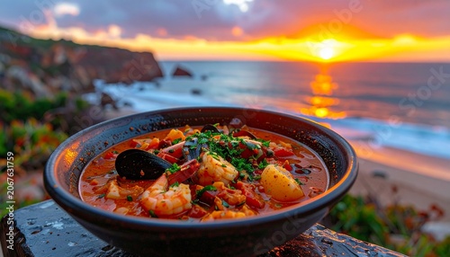 Seafood stew meal served on stone with ocean view at sunset