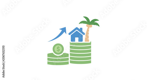 Green coins stacked with house icon.