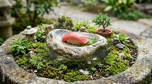 Miniature Zen Garden With Sushi Nigiri.