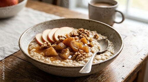 Delicious Oatmeal with Sliced Apples, Caramelized Pears, and Walnuts for a Healthy Breakfast.