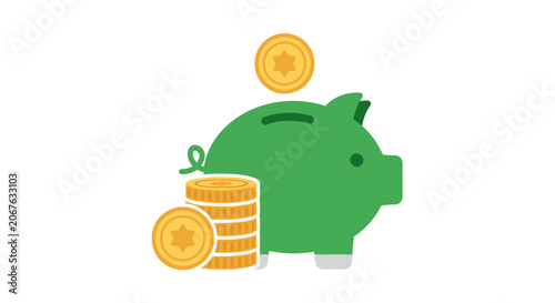 Green Piggy Bank with Gold Coins.