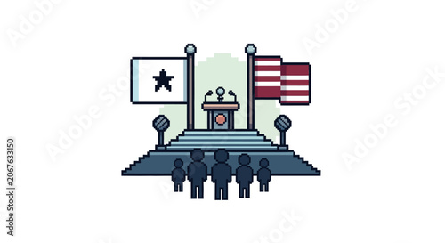 Government Building with Flags and People.