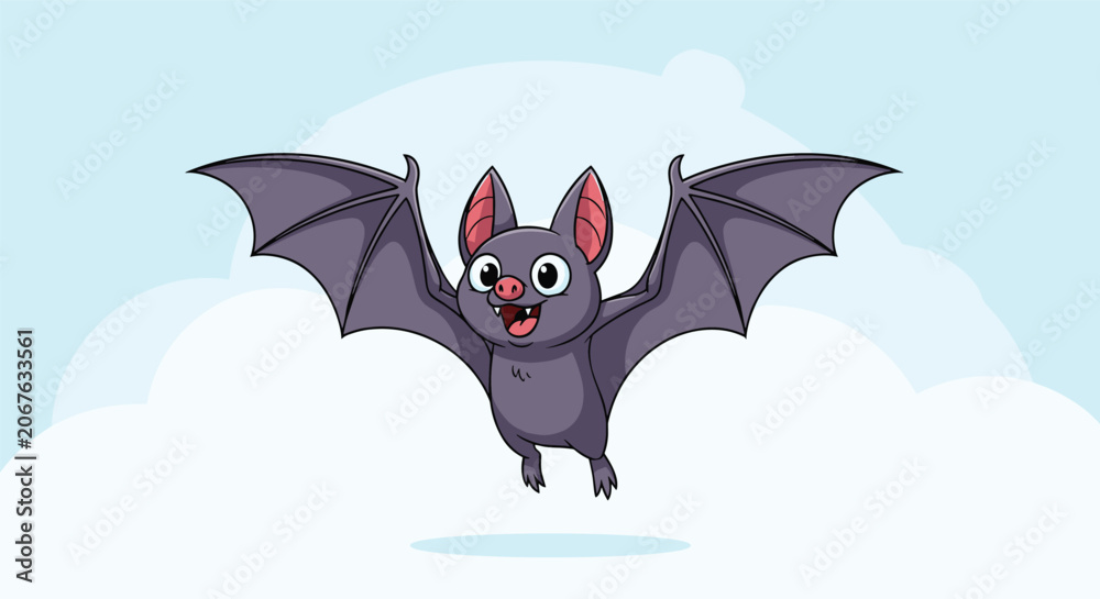 Fototapeta premium Happy cartoon bat with large wings flying through a light blue sky with soft white clouds in a playful children's illustration.