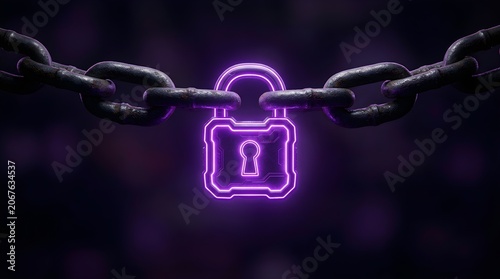 Glowing purple neon padlock hanging securely from heavy rusted metal chains against a dark background