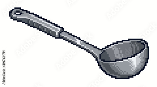Metal kitchen ladle with long handle.