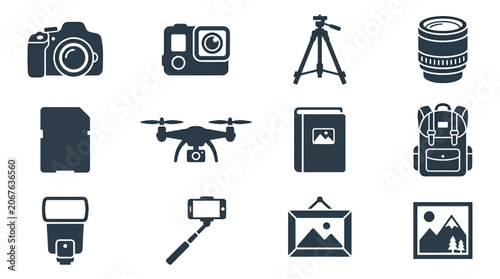 Set of 12 monochrome flat vector icons featuring DSLR camera, action camera, tripod, camera lens, memory card, drone, photo album, camera backpack, flash unit, selfie stick, photo frame, and landscape