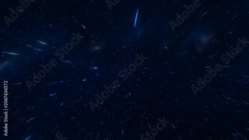 Fast Travel Through Dark Blue Cosmic Space with Sparkling Stars and Hyperspace Warp Speed Effect