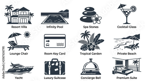 Set of 12 monochrome flat vector icons featuring resort villa, infinity pool, spa stone, cocktail glass, lounge chair, room key card, tropical garden, private beach, yacht, luxury suitcase, concierge 