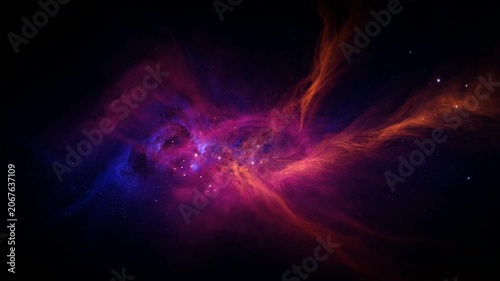 Abstract Dynamic Celestial Nebula Cloud with Radiant Purple and Orange Glow Across Dark Void