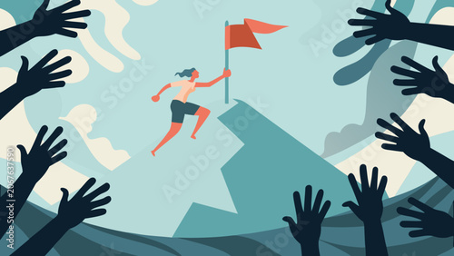 Foto Person running with red flag atop a mountain surrounded by reaching hands vector