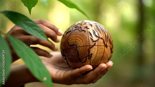 Hands holding carved wooden globe in green forest