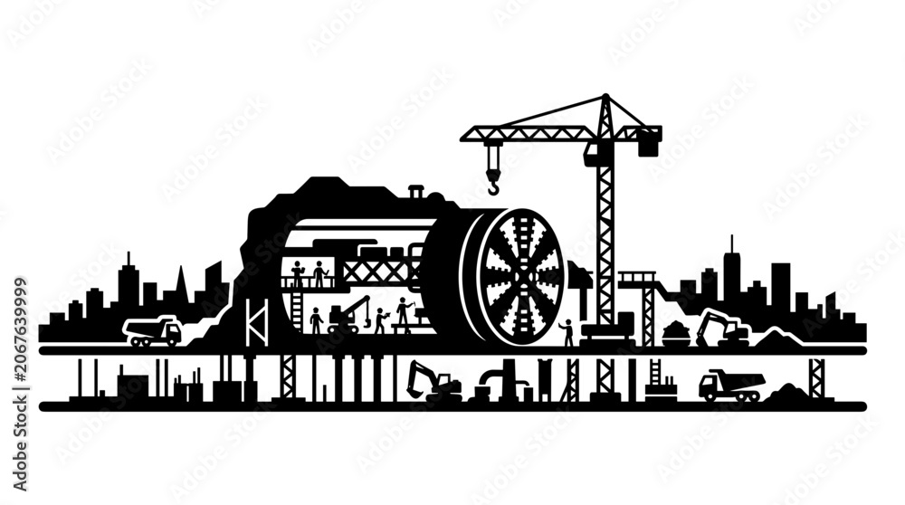 Obraz premium Tunnel Boring Machine Construction Site Silhouette.