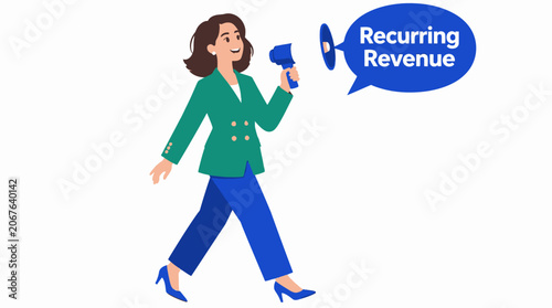 Businesswoman holding megaphone for recurring revenue concept.