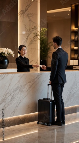 Luxury hotel reception desk with concierge and guest