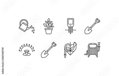 Gardening tools water hose reel shovel soil tester and plant care linear icon pack