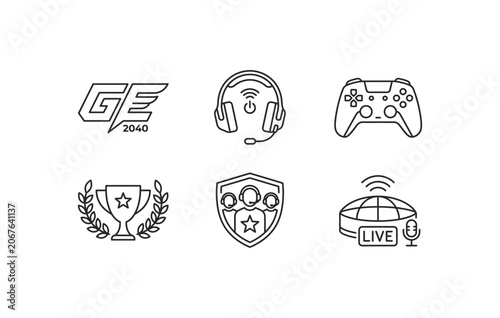 Esports gaming tournament and online live streaming line icon set
