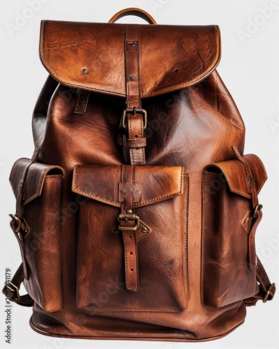 vintage brown leather backpack with detailed stitching transparent background product showcase