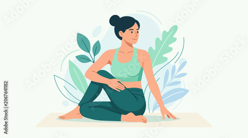 Calm athletic woman practicing seated spinal twist yoga pose on mat with abstract green foliage, concept for wellness, healthy lifestyle, fitness class promotion and mindful meditation.
