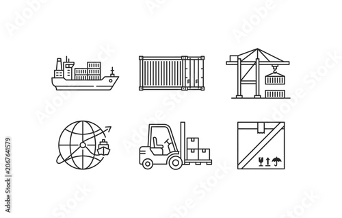 Logistics freight delivery and cargo shipping line icon set