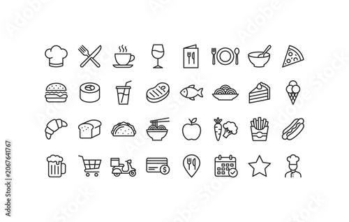 Food and restaurant delivery service line icon set