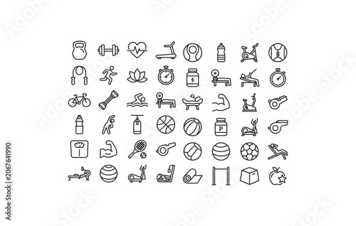 Workout exercise equipment bodybuilding stadium sports and cardio linear icon pack