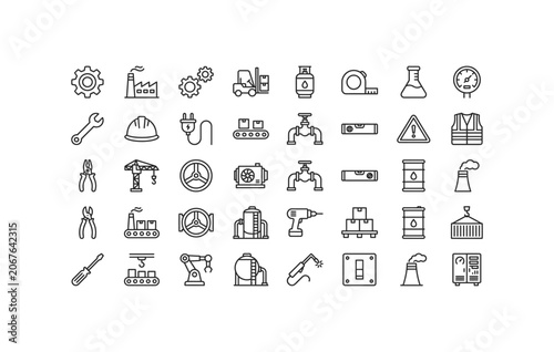 Power generation oil gas pipeline logistics forklift warehouse and machinery linear icon pack