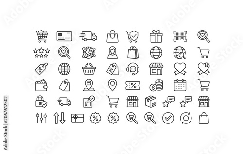 Digital banking credit card logistics package delivery truck and store linear icon pack
