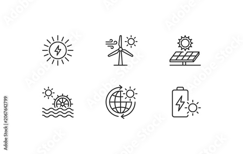 Renewable energy and green technology line icon set