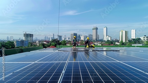 Workers installing solar panels on a rooftop during Global Environment Day with clear blue skies and green buildings in the background Clean sustainable energy focus highquality  stock
