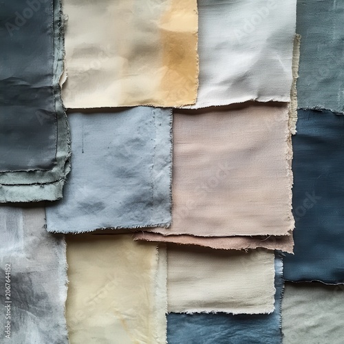 Worn fabric swatches arranged with soft zen gradients and subtle chalk brush textures tactile and meditative
