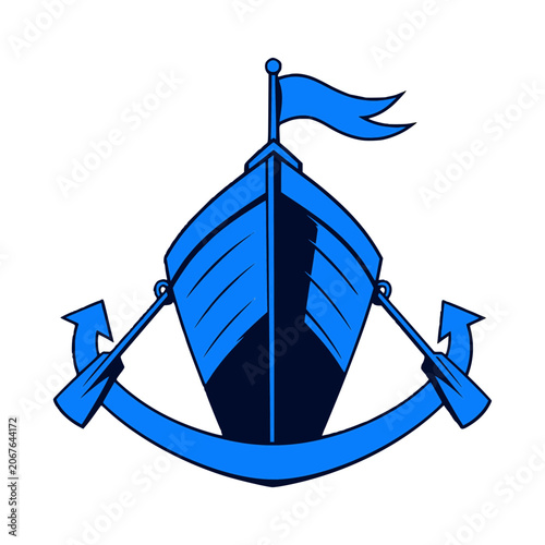 Nautical Emblem: A stylized blue ship's bow is centrally positioned, flanked by two crossed oars and a crescent anchor, representing maritime adventure and seafaring spirit.