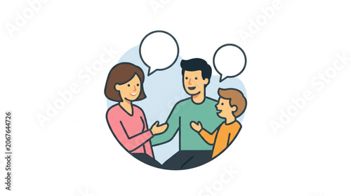 Family communicating with speech bubbles illustration.
