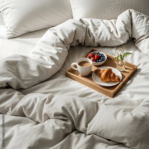 White bed with decorative throw pillows and blanket.